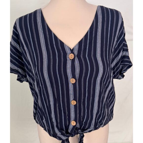 Universal Thread M Button Front Tie Waist Navy Blue Stripe Short Sleeve Top - Picture 2 of 8